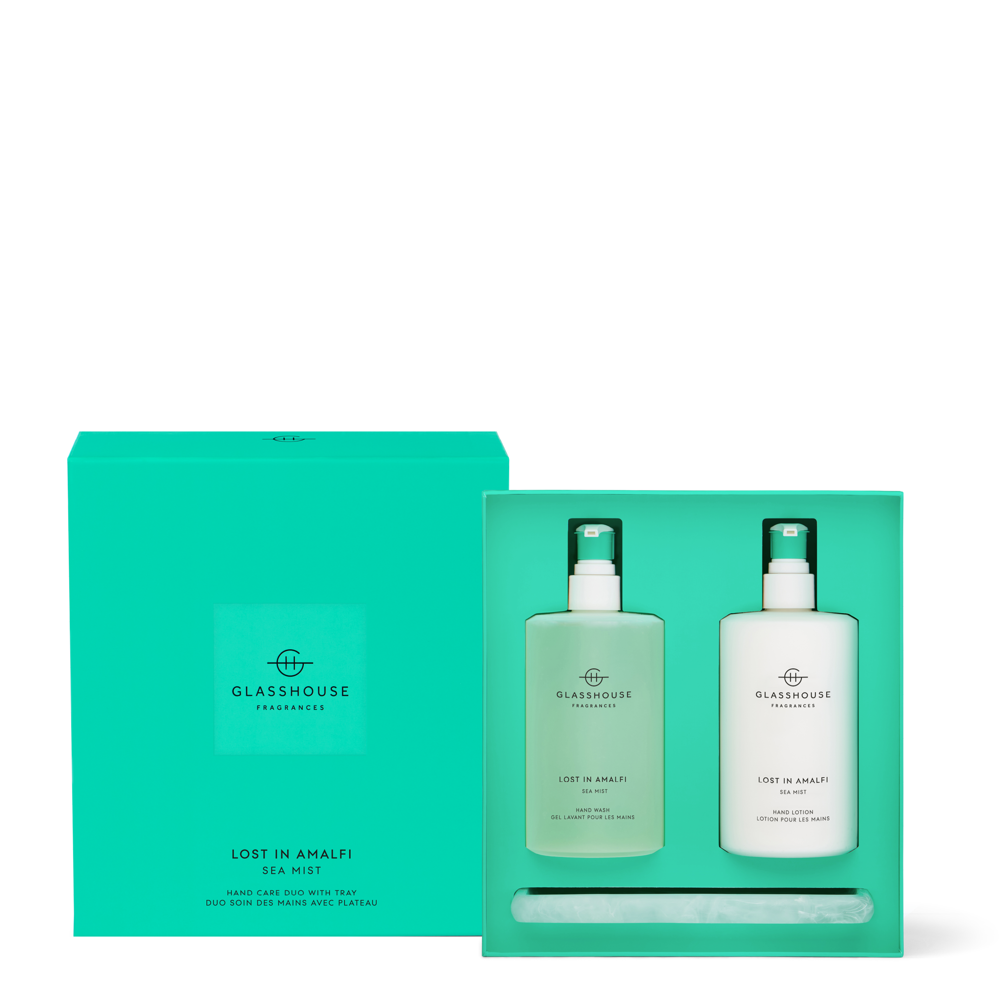 Glasshouse Fragrances Lost In Amalfi Hand Wash & Hand Lotion inside box with Resin Tray.
