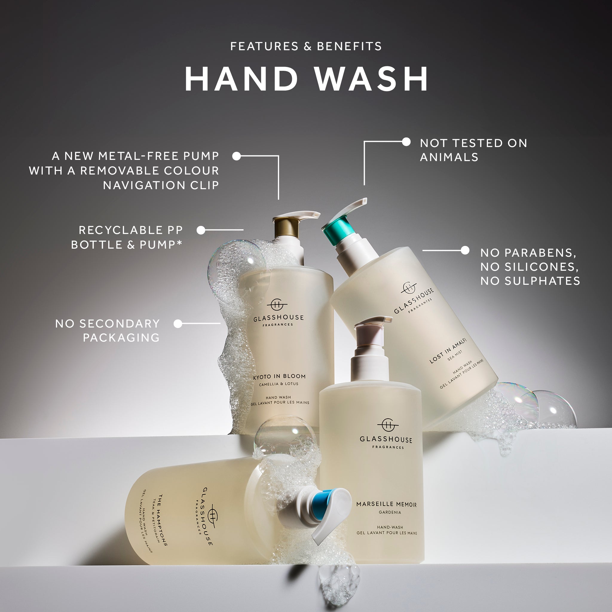 Glasshouse Fragrances assorted Hand Wash stacked on a white shelf with features and benefits call outs.