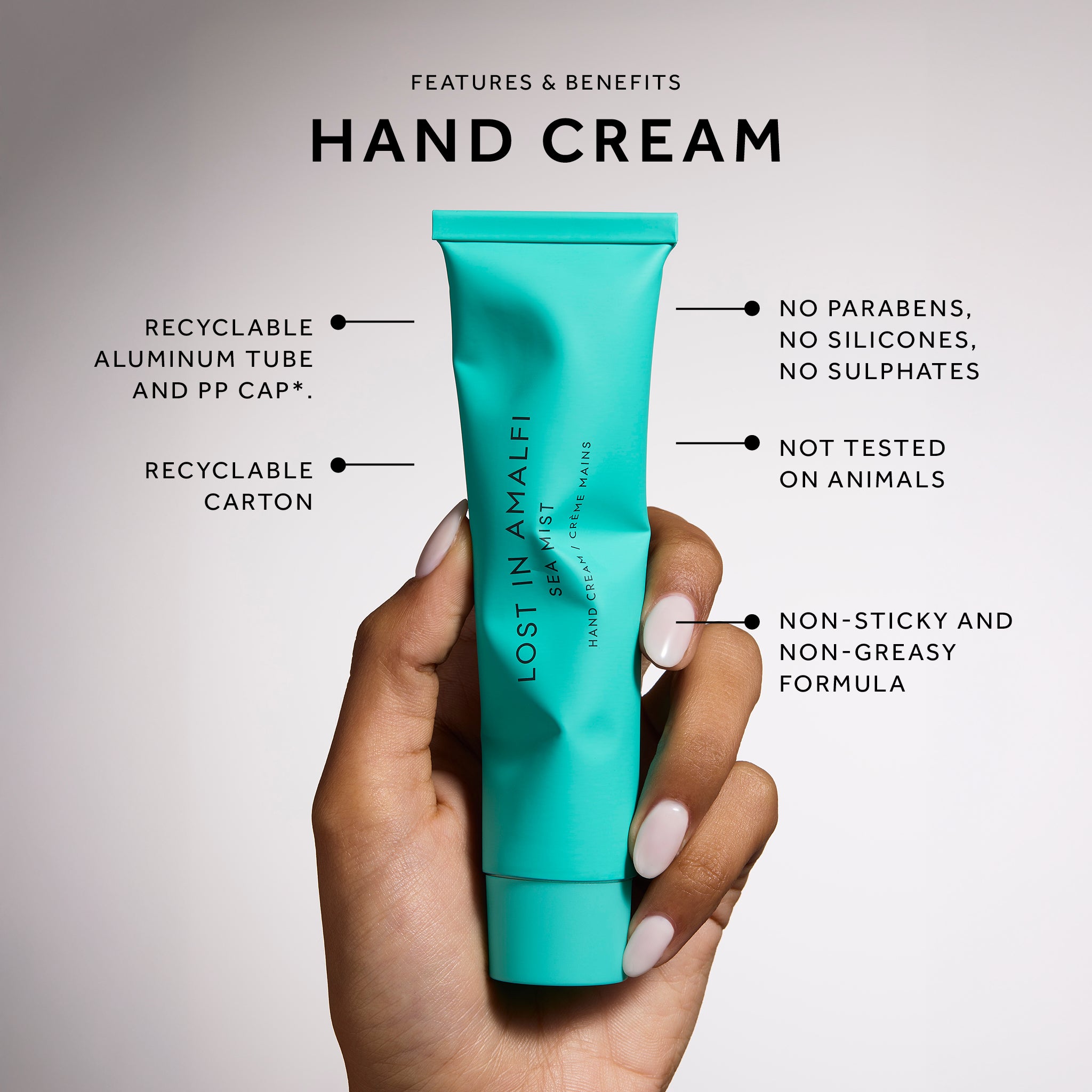 Glasshouse Fragrances Lost In Amalfi Hand Cream Fragrance with features and benefit call outs.