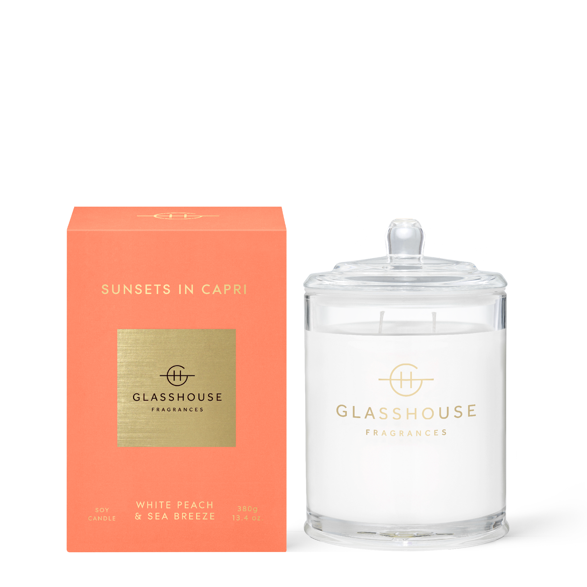 Glasshouse Fragrances Sunsets In Capri White Peach & Sea Breeze 380g Soy Candle