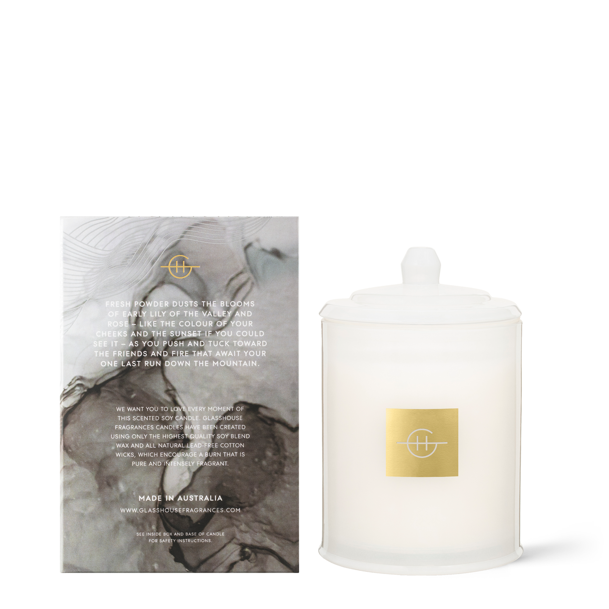 Glasshouse Fragrances Last Run in Aspen 380g Soy Candle back of product
