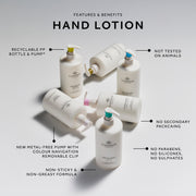 Glasshouse Fragrances assorted Hand Lotions arranged on a surface with feature and benefit call outs.