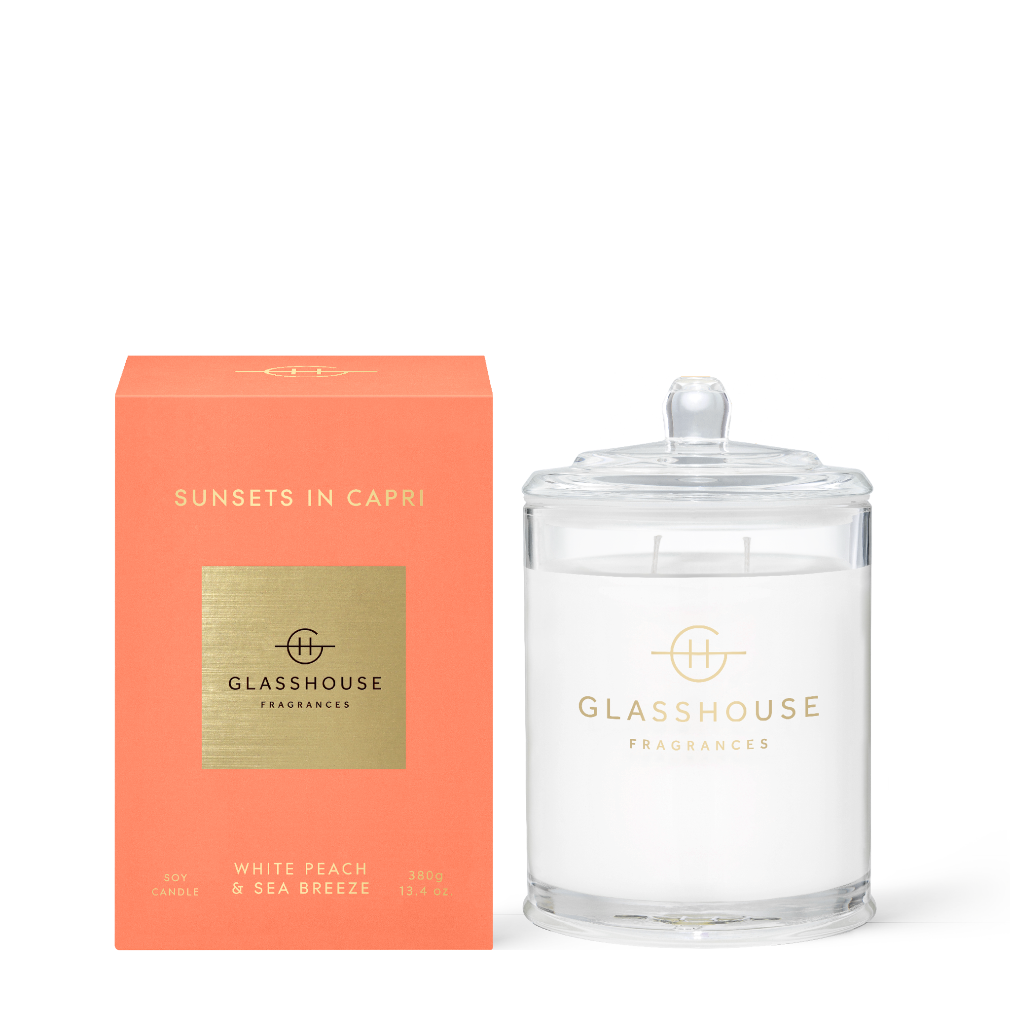 Glasshouse Fragrances Sunsets In Capri White Peach & Sea Breeze 380g Soy Candle 