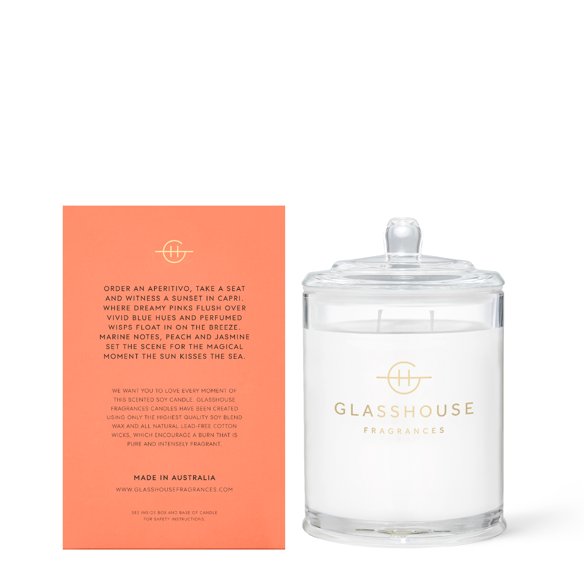 Glasshouse Fragrances Sunsets In Capri 380g Soy Candle back of product box